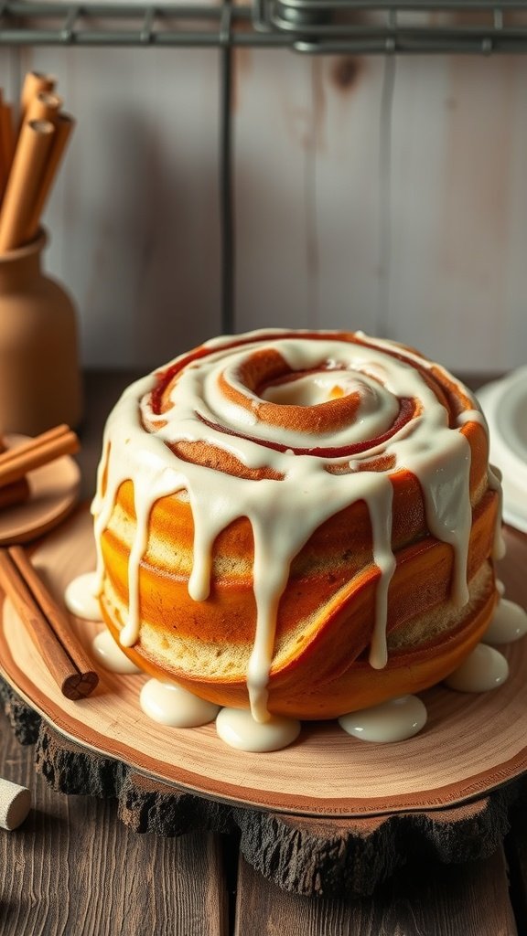 A cinnamon roll cake drizzled with cream cheese icing on a wooden platter.