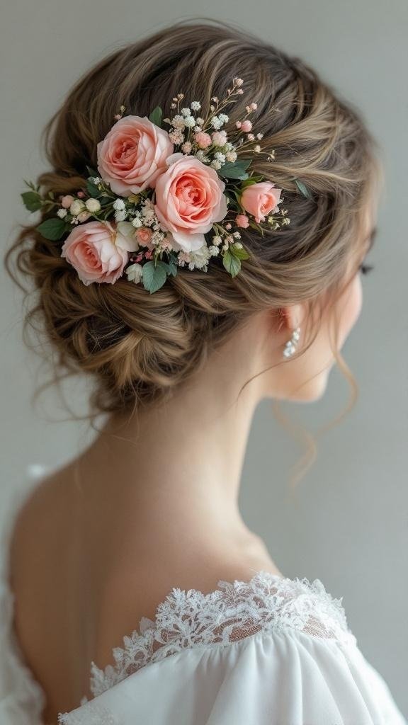 A bride with a classic rose and peony hair comb, featuring soft pink flowers and greenery.