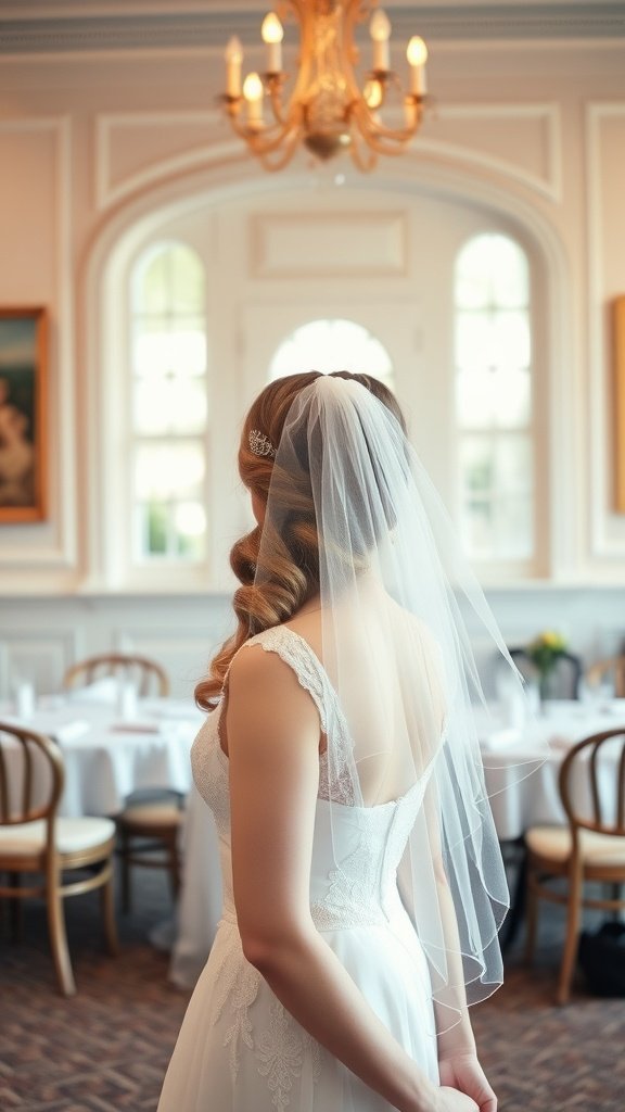 A bride with a classic side ponytail and veil, standing in a beautifully decorated room.