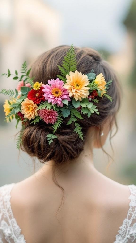 A colorful arrangement of dahlias and ferns in a bridal hairpiece.