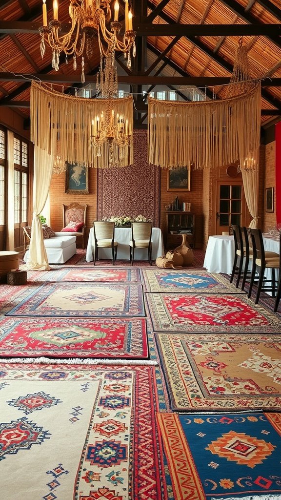 A beautifully decorated space with layered colorful rugs, chandeliers, and elegant seating.