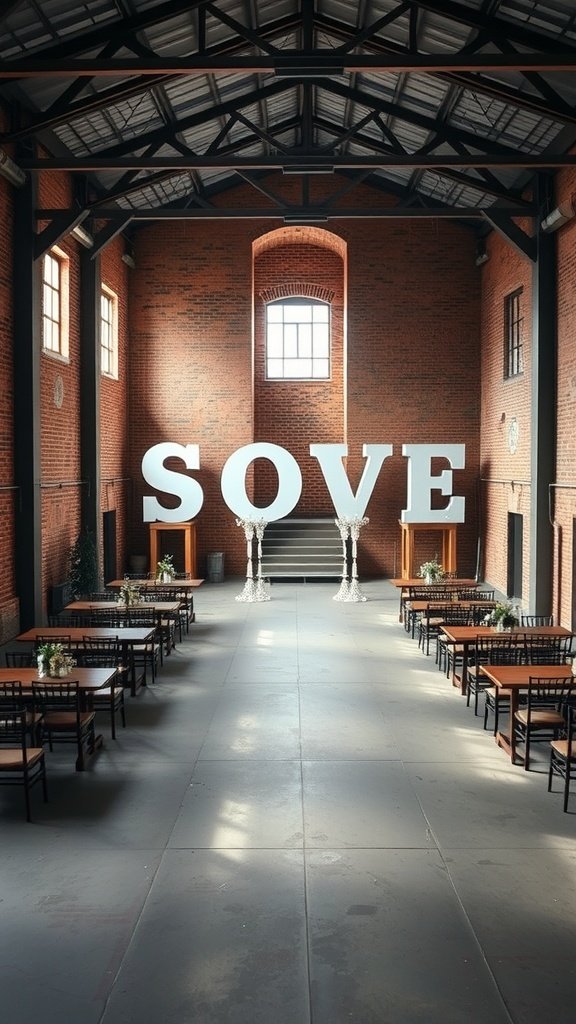 Interior of a converted warehouse with industrial design, featuring high ceilings and rustic decor.