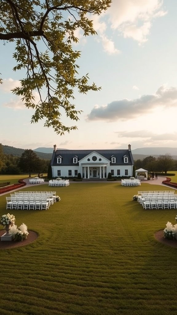 A picturesque countryside estate with a manicured lawn and elegant seating for a wedding ceremony.