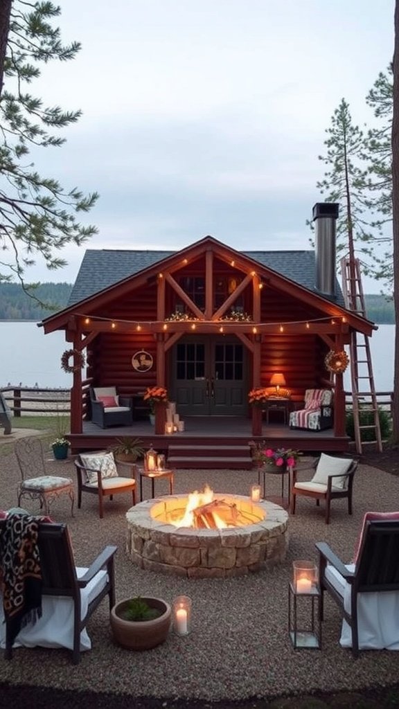 Cozy lakeside cabin with a fire pit and seating area.