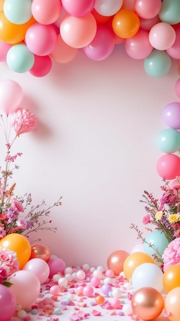 Colorful balloon arrangements with flowers for a bridal shower