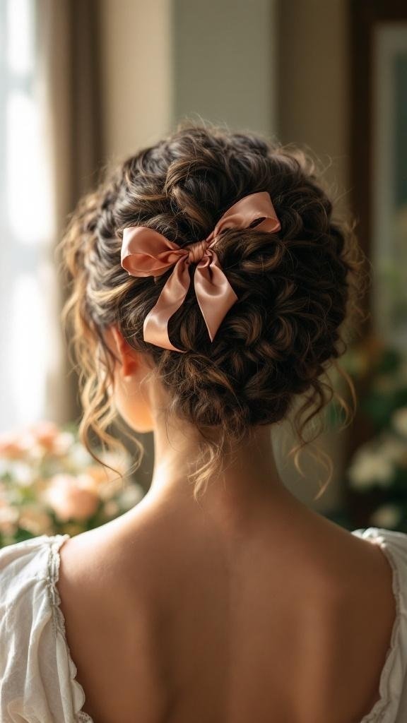 Curly updo hairstyle adorned with a silk ribbon