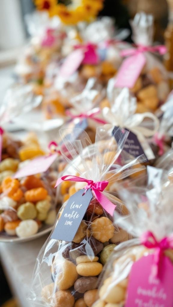 Colorful favor bags filled with treats, tied with ribbons and tags.