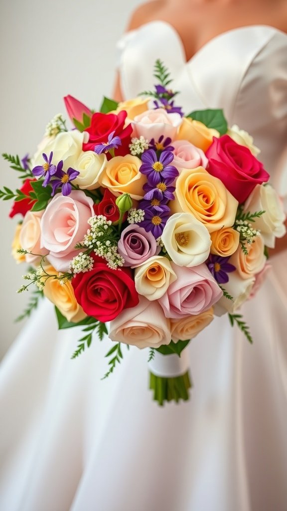 A beautiful bouquet featuring a mix of colorful roses and flowers, perfect for a Disney-themed wedding.