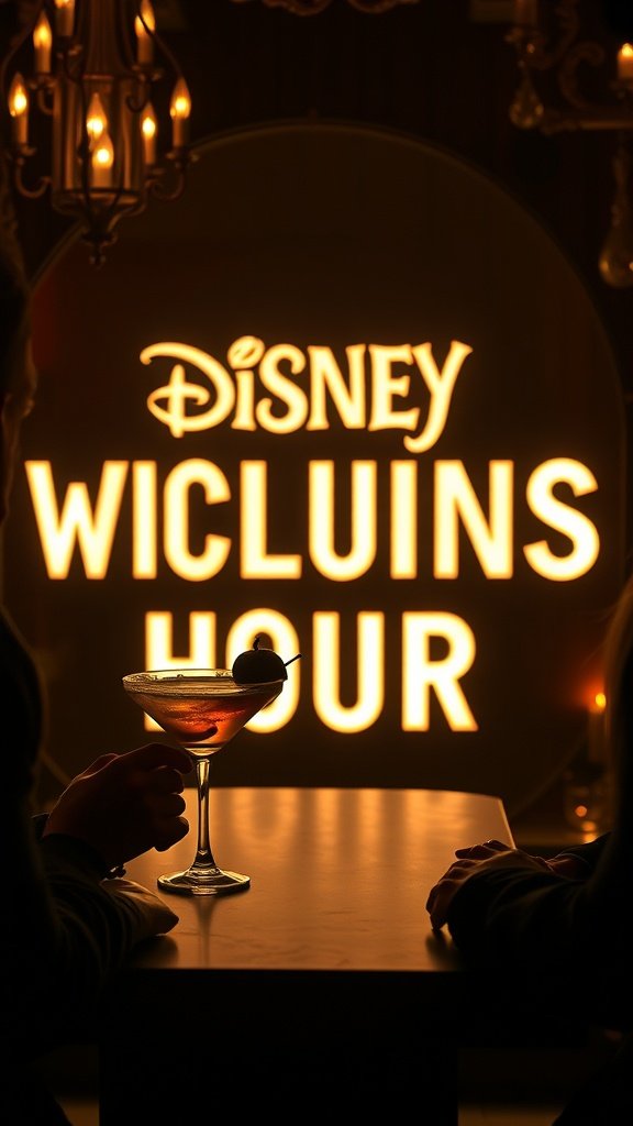 A cocktail glass with a drink, featuring a slice of fruit, in front of a glowing sign that reads 'Disney Villains Hour'.