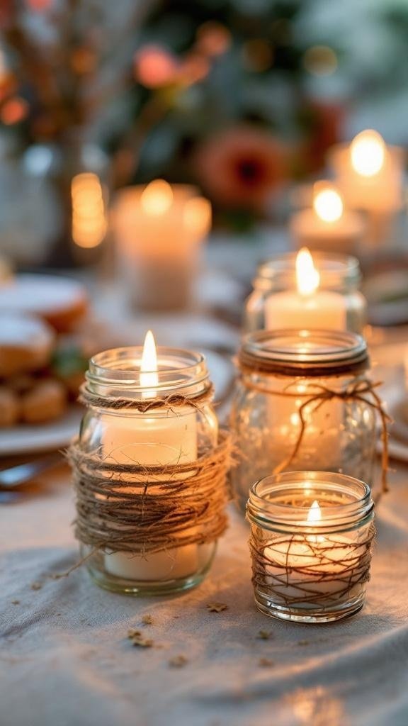 DIY candle holders made from glass jars wrapped in twine, with candles lit inside.