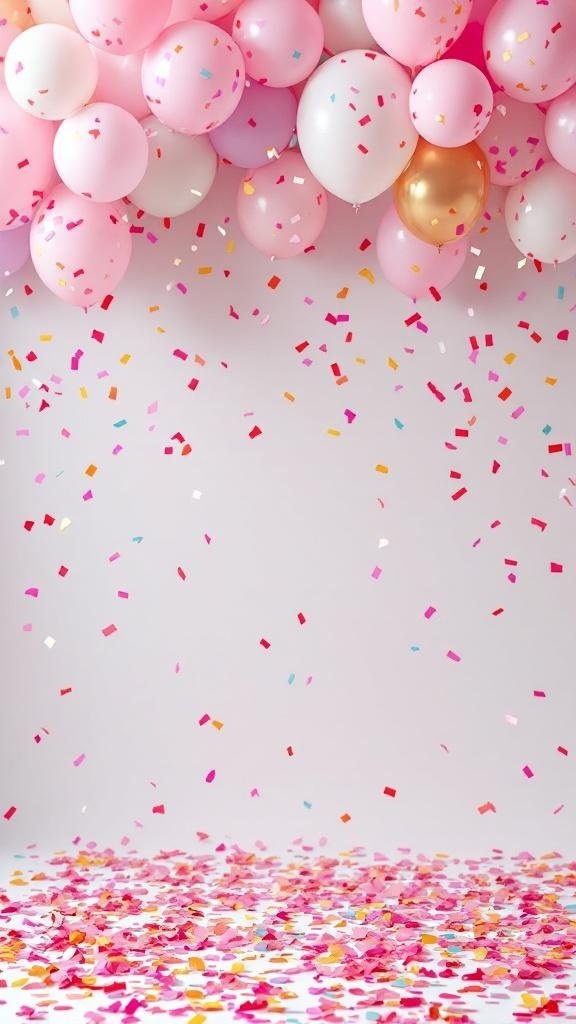 Colorful confetti balloons with pink and white balloons in the background.