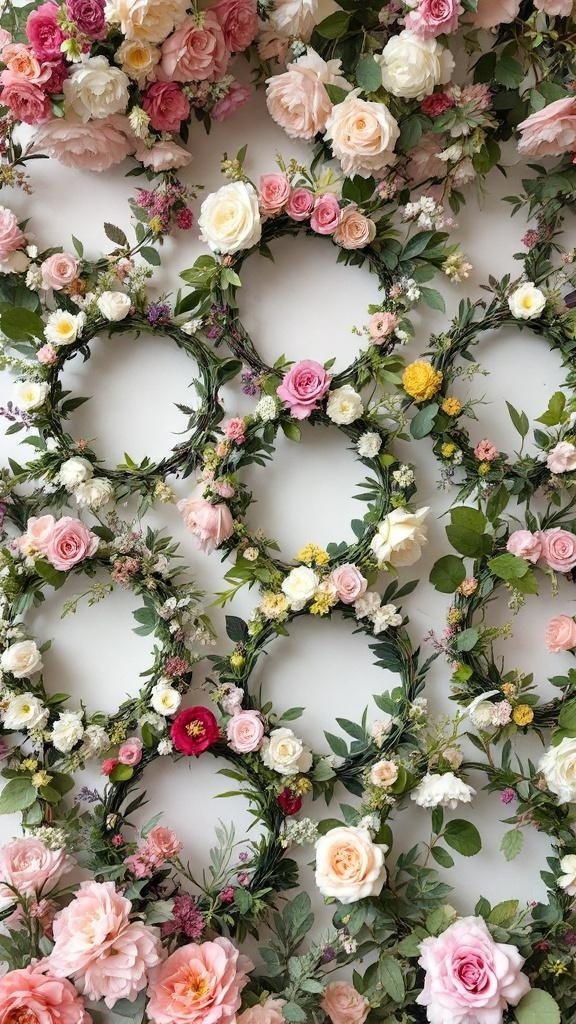 Colorful flower crowns made of various flowers and greenery.