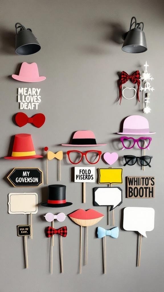 A collection of DIY photo booth props including hats, glasses, and signs on a wall.