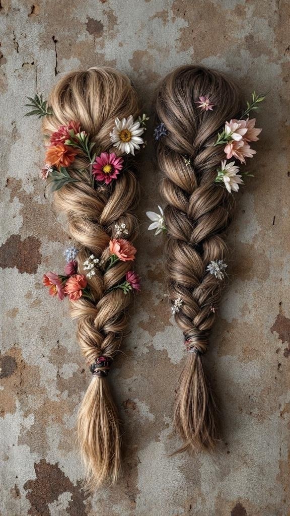 Two braided hairstyles adorned with colorful flowers.