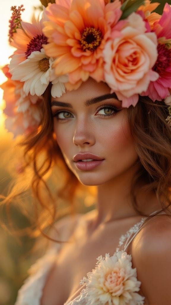 A bride wearing a dramatic floral halo with vibrant flowers, showcasing a romantic and whimsical look.