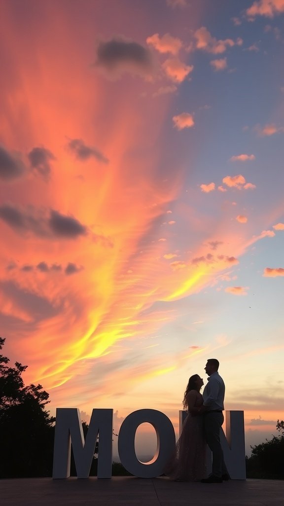 A couple silhouetted against a colorful sunset sky with the word 'MON' in large letters.