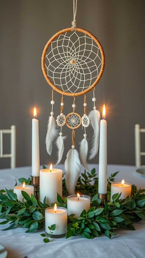 A dreamcatcher centerpiece with candles and greenery on a table.