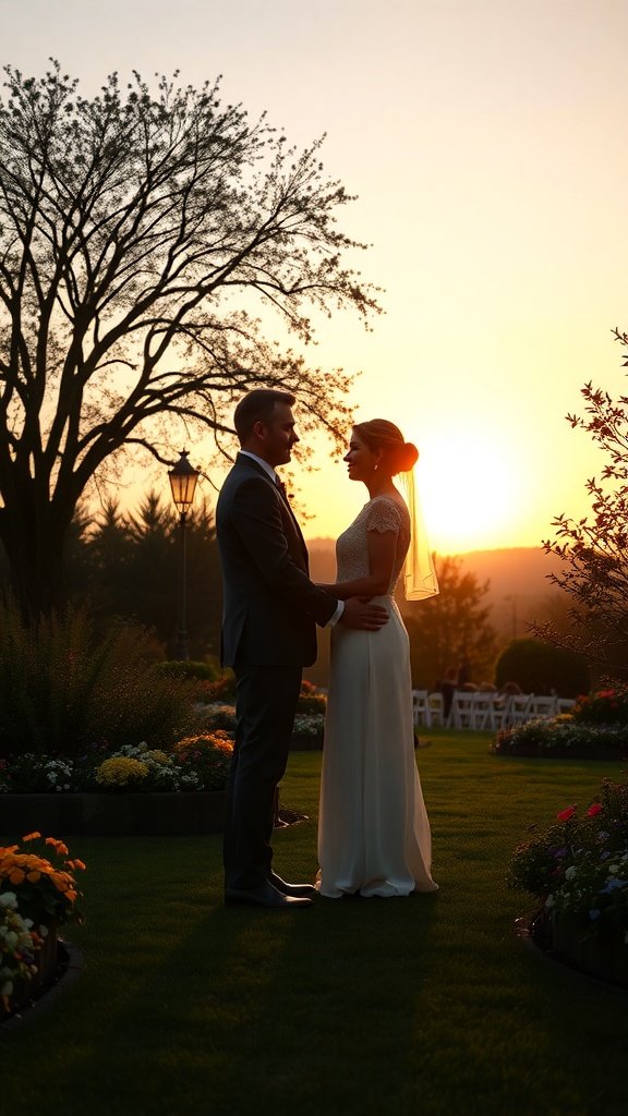 Couple holding hands during sunset in a garden ceremony