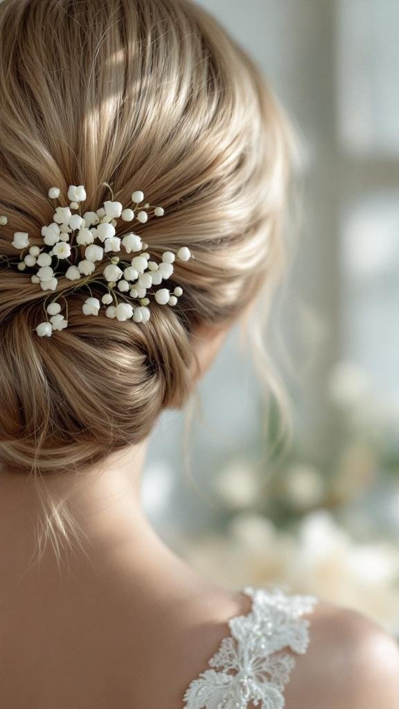A bride's hair styled in a bun with delicate Lily of the Valley pins.