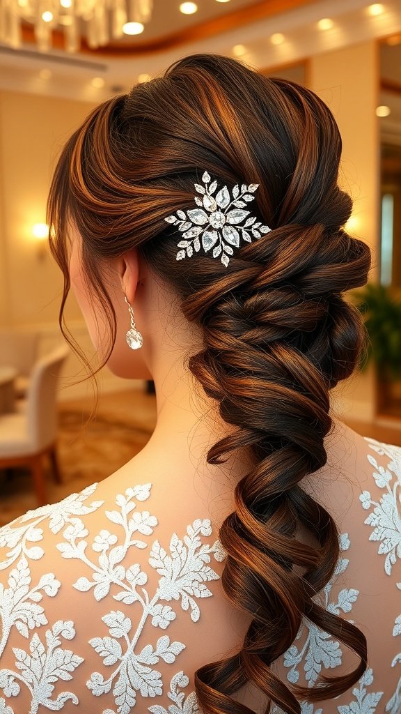 Elegant low ponytail hairstyle with a sparkling hairpiece