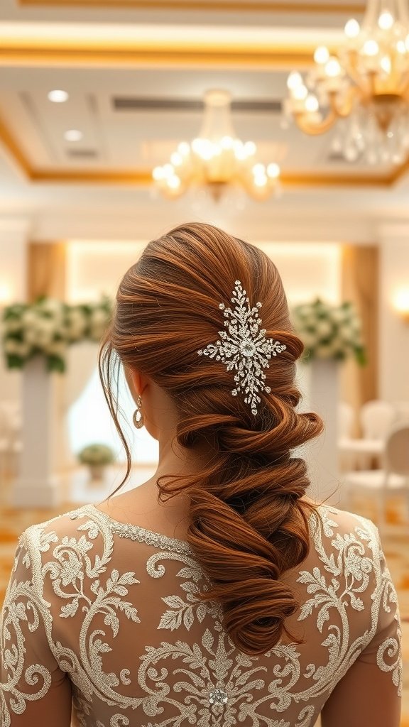 A bride's elegant ponytail hairstyle adorned with crystal accents.