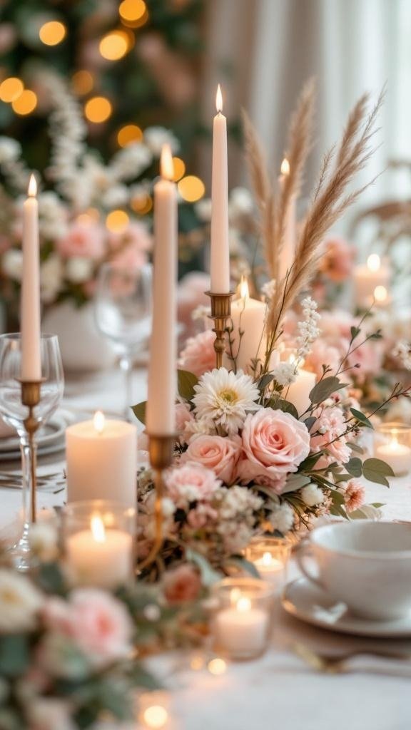 Beautiful table centerpieces with candles and flowers for a bridal shower.