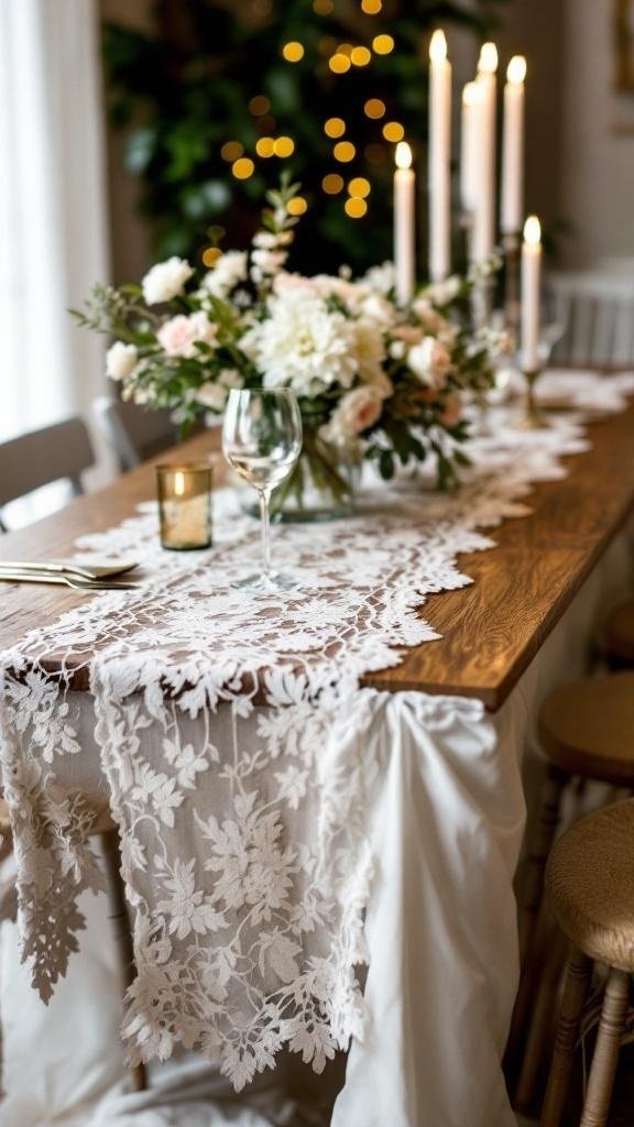 A beautifully set table with a lace table runner, floral centerpiece, and candles.
