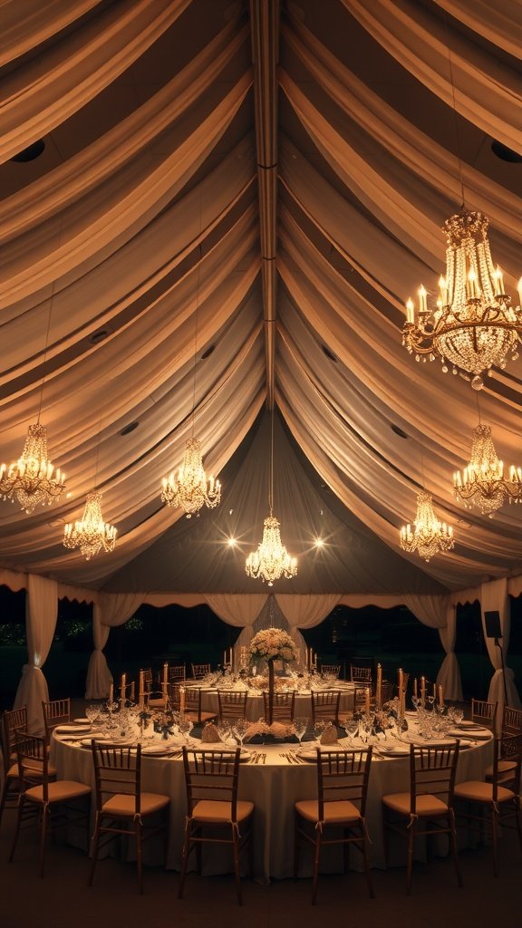 Elegant tented wedding space with chandeliers and beautifully set tables.