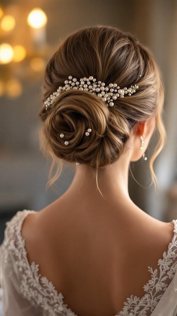 Elegant updo hairstyle with pearl accents for a wedding