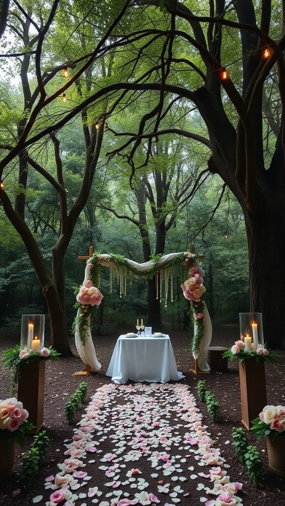 An enchanted forest wedding ceremony setup with an altar, rose petal path, and soft lighting.