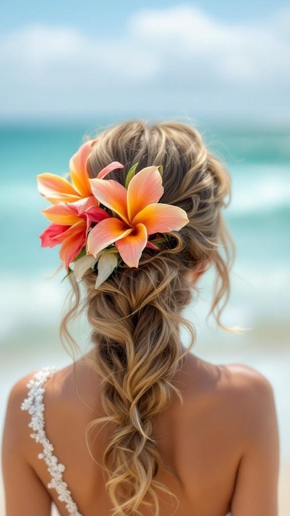 A bride with a tropical flower hairpiece, featuring vibrant hibiscus and orchids, against a beach background.