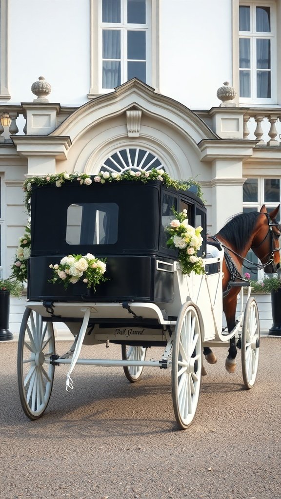 A horse-drawn carriage decorated with flowers, parked in front of an elegant building.