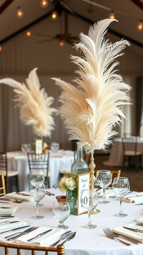 Elegant wedding table decor featuring feather centerpieces.