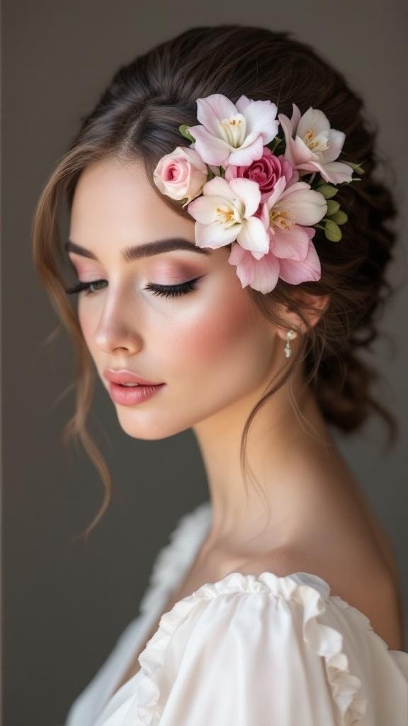 A bride with a floral hairpiece featuring pink orchids and roses.