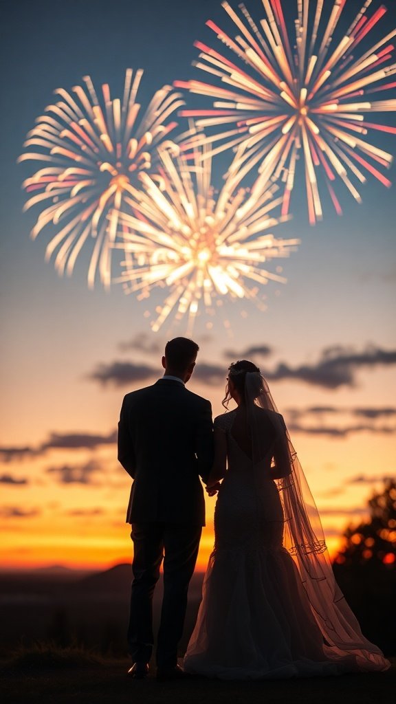 A couple holding hands while watching fireworks during sunset.