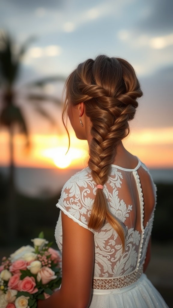A bride with a fishtail braid ponytail, wearing a beautiful white dress and holding a bouquet, with a sunset in the background.