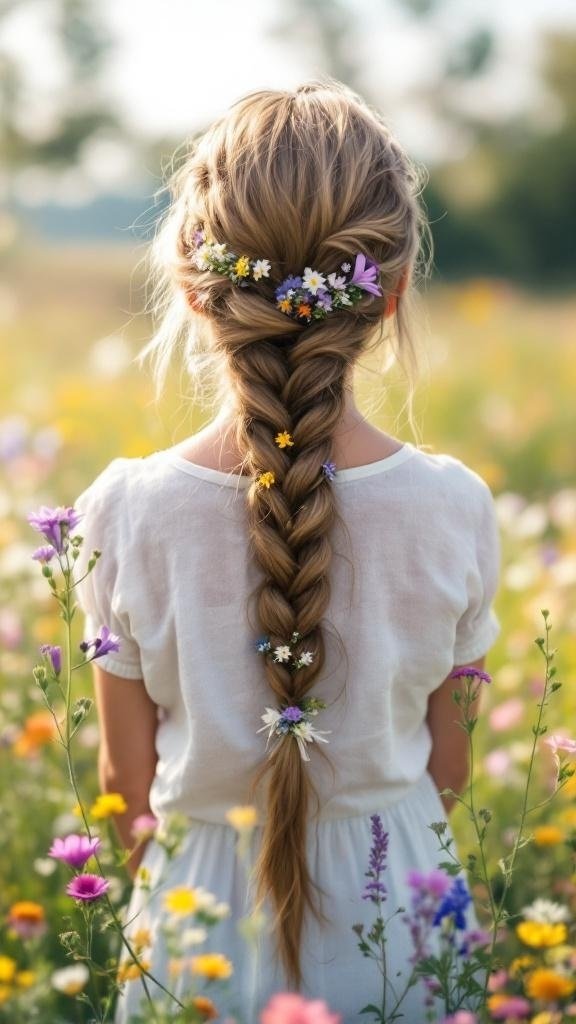 A fishtail braid decorated with wildflowers, set against a backdrop of a flower field.