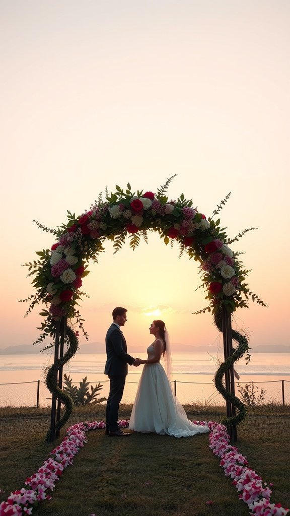 A couple standing under a floral archway at sunset, with flowers and a serene background.