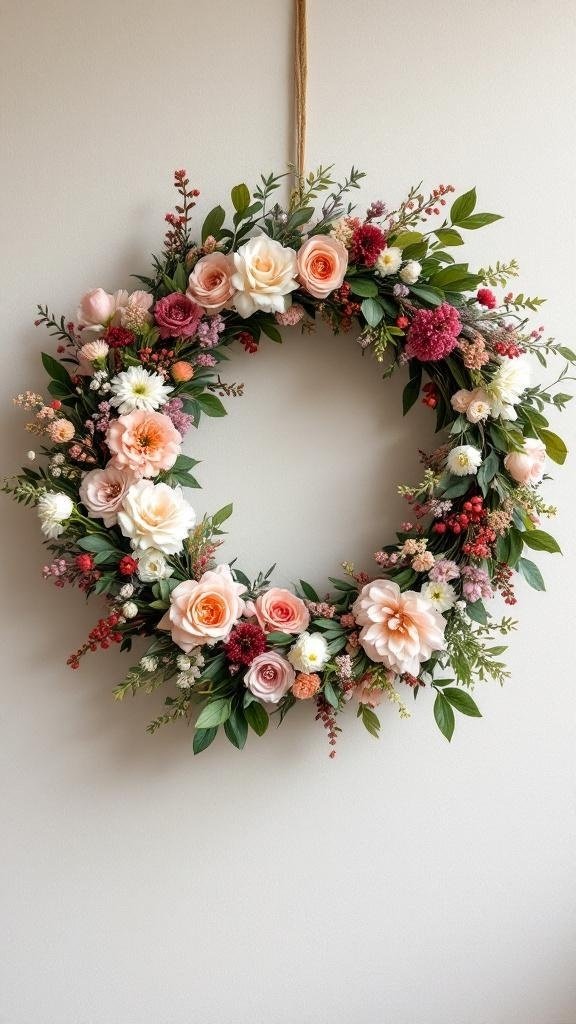 A beautiful floral wreath decorated with roses and greenery.