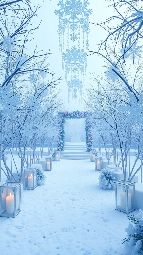 A winter wedding path with snow, lanterns, and snowflake decorations.