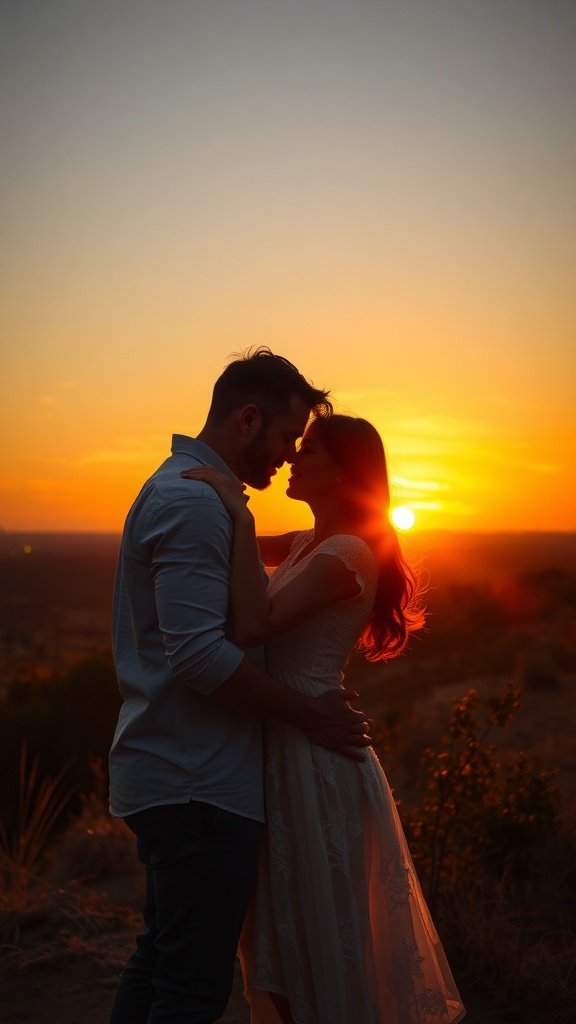 Couple embracing during sunset with a warm glow in the background.