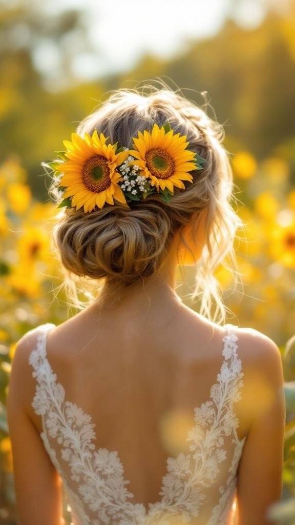 A bride with a golden sunflower hairpiece in her hair, surrounded by a field of sunflowers.