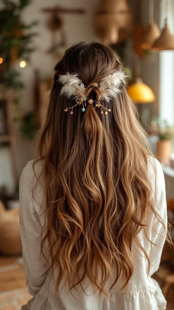 A woman with long, wavy hair styled down, adorned with feathered clips and delicate accessories.