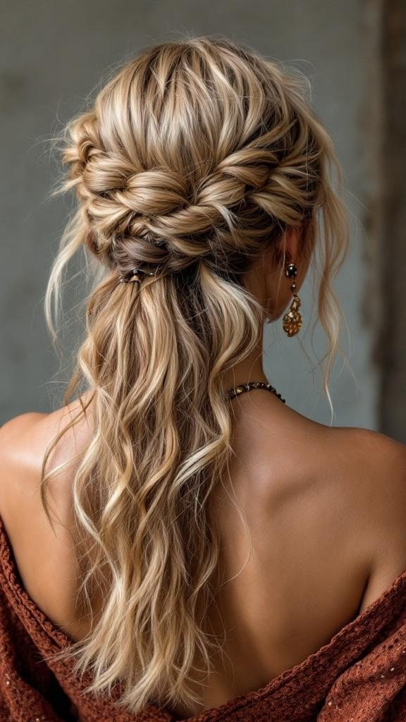 Half-up half-down hairstyle with twists, showcasing a bohemian wedding style.