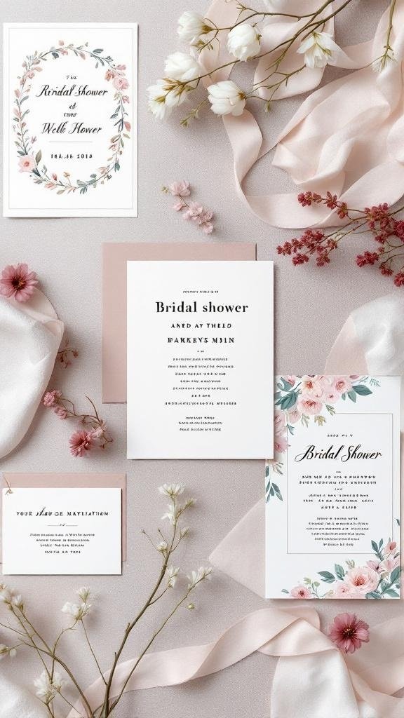 Handmade bridal shower invitations with floral designs and ribbons.