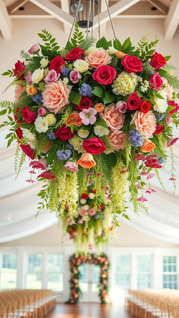 A vibrant hanging floral installation featuring roses and greenery, set in a wedding venue.