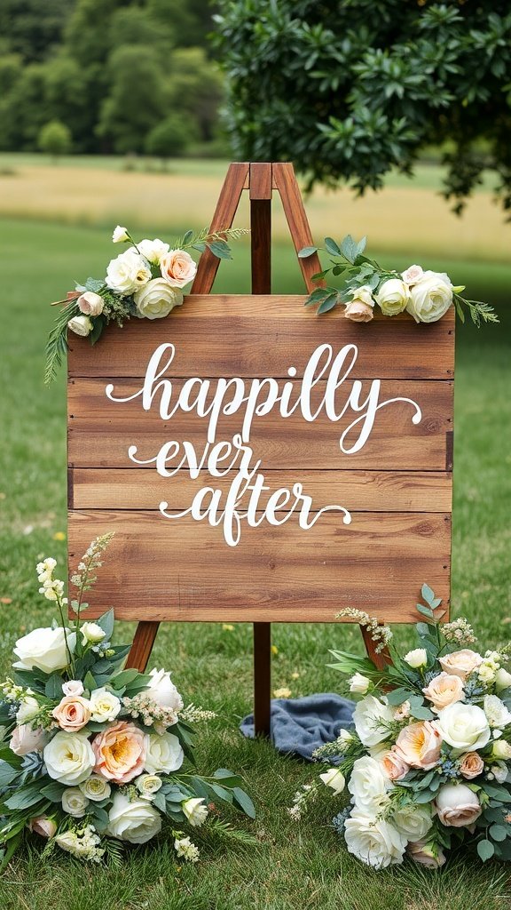 Wooden sign with the words 'happily ever after' surrounded by flowers