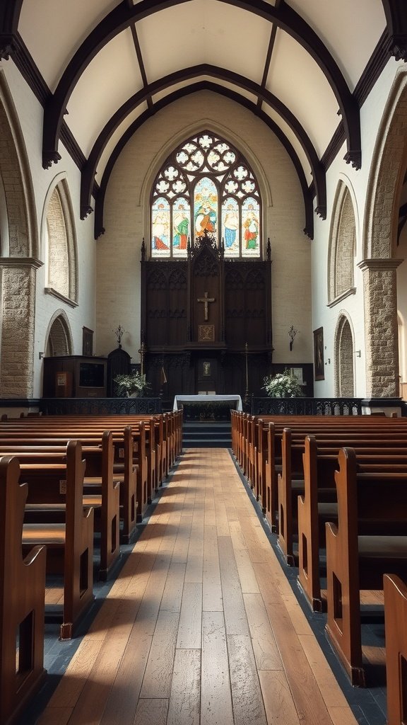 Interior of a historic church with wooden pews and stained glass windows.