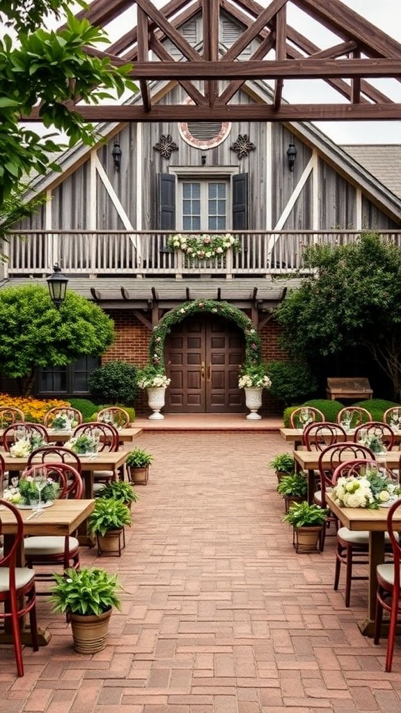 A rustic farmhouse venue with tables set for a wedding, surrounded by greenery.