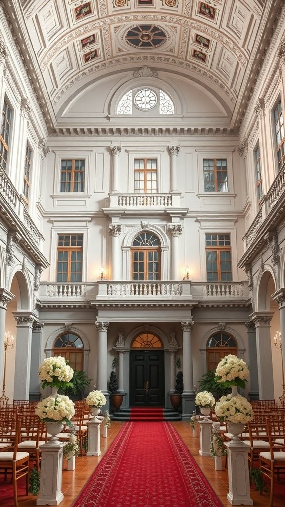 Interior of a historic mansion with elegant decor and floral arrangements for a wedding